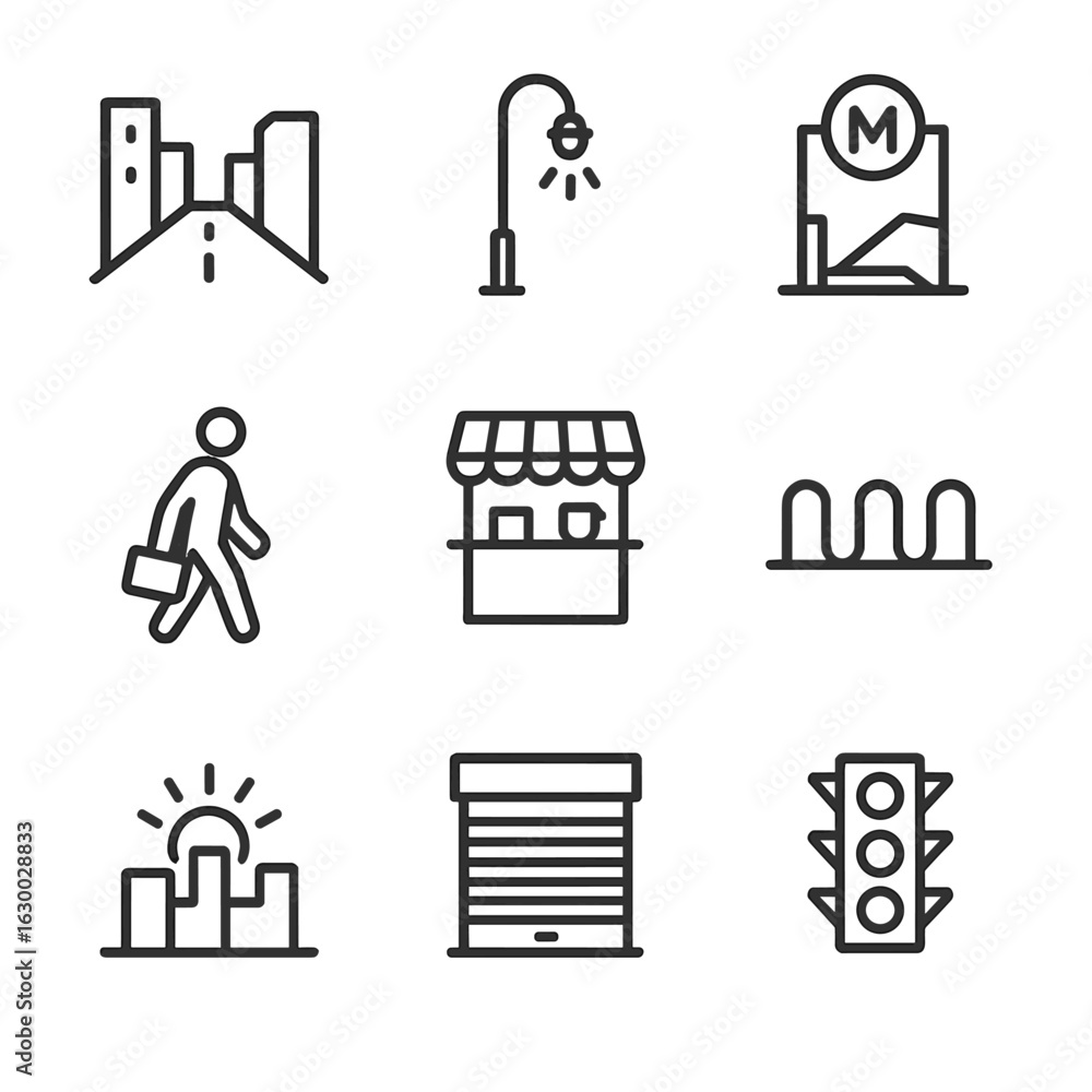 Urban Dawn Icons. Outline icon set of urban dawn: empty street silhouette, streetlight turning off, subway entrance outline, early Urban Dawn Icons. Outline icon set of urban dawn: empty street silhouette, streetlight turning off, subway entrance outline, early