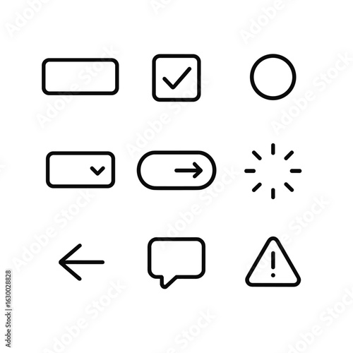 Login Interface Icons. Outline icon set of login interface elements: input field, checkbox, radio button, dropdown menu, submit