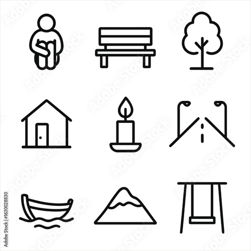 Loneliness Icon Set. Outline icon set of loneliness: solitary figure, empty bench, lone tree, isolated house, single candle, empty