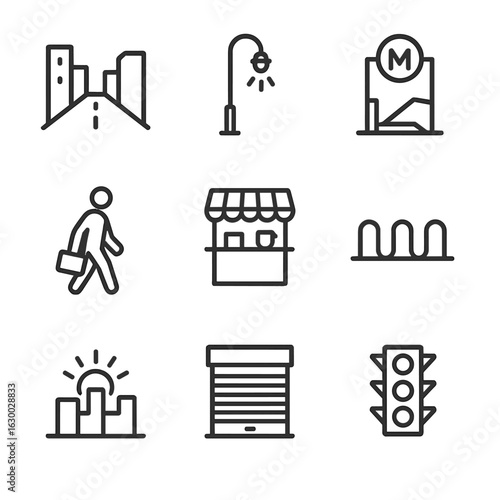 Urban Dawn Icons. Outline icon set of urban dawn: empty street silhouette, streetlight turning off, subway entrance outline, early