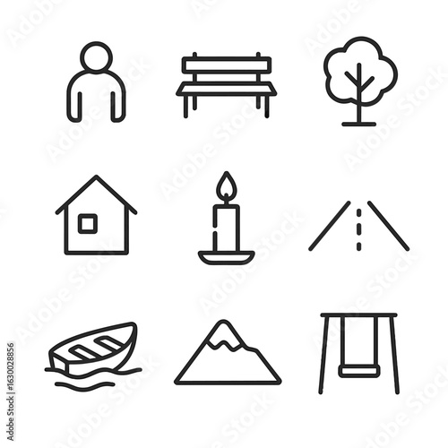 Loneliness Icon Set. Outline icon set of loneliness: solitary figure, empty bench, lone tree, isolated house, single candle, empty