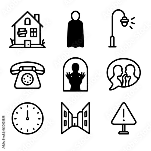 Urban Legends Icons. Outline icon set of urban legends: abandoned house, shadowy figure, flickering streetlight, old phone ringing