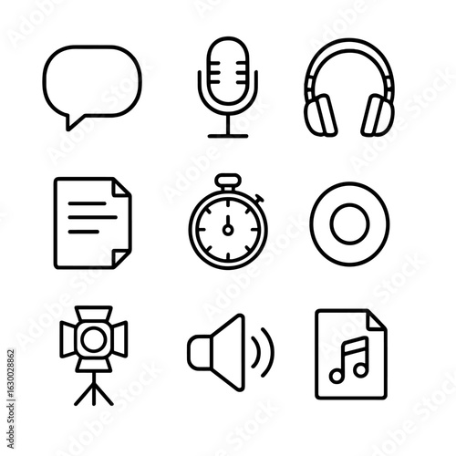 Dubbing Icon Set. Outline icon set of narration and dubbing: voice bubble, microphone, headphones, script,