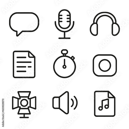 Dubbing Icon Set. Outline icon set of narration and dubbing: voice bubble, microphone, headphones, script,