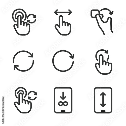 Loop Icons Grid. Outline icon set of looped user interactions: repeated clicks, swipe loop, drag loop, refresh action, reload