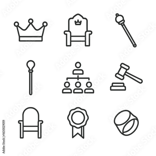Clan Hierarchy Icons. Outline icon set of clan hierarchy and leadership: crown, throne, scepter, ceremonial staff, judge’s gavel,