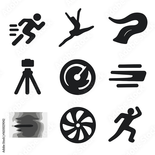 Dynamic Motion Icons Grid. Solid, filled icons set of action and motion capture: athlete sprinting, dancer