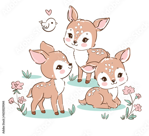Hand drawn illustration of cute baby deer family vector woodland animals for kids