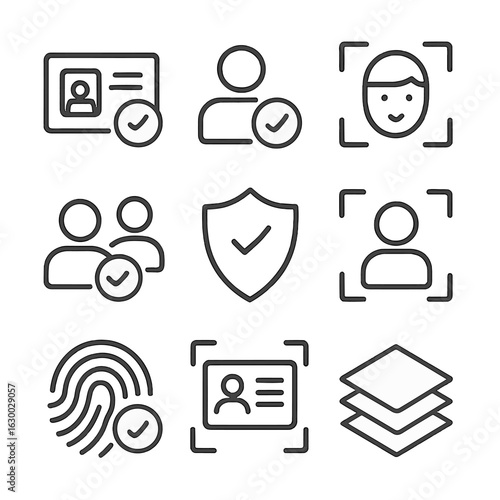 User Verification Icons. Outline icon set of user verification: check ID, approved user, face check, match icon, verified badge,