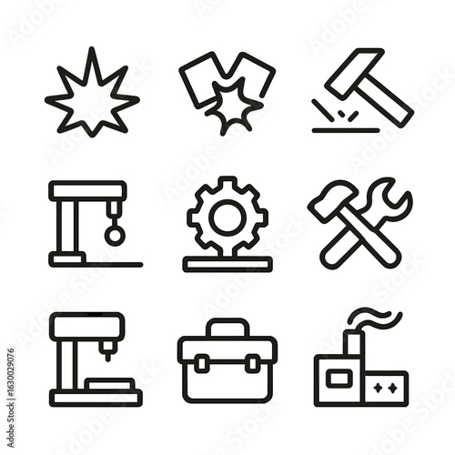 Clang Icon Set. Outline icon set of clang in action: impact, collision, strike, strike force, machine, production, workshop,