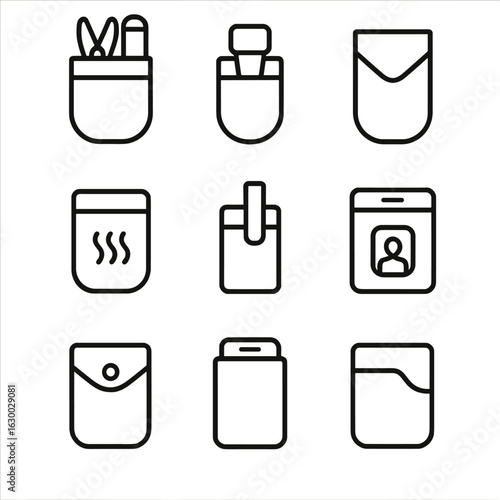 Utility Pocket Icons. Outline icon set of utility pockets: multitool pocket, flashlight pocket, clip-on pouch, insulated pocket,