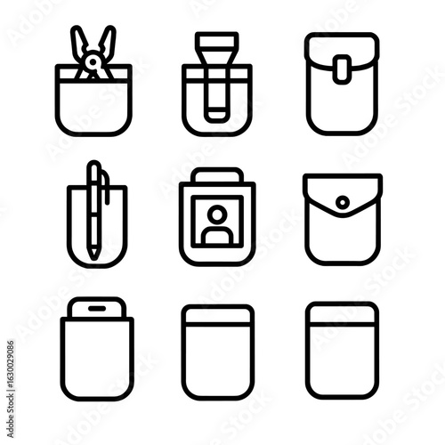 Utility Pocket Icons. Outline icon set of utility pockets: multitool pocket, flashlight pocket, clip-on pouch, insulated pocket,