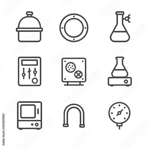 Vacuum Lab Icon Set. Outline icon set of vacuum lab equipment: vacuum desiccator, chamber viewport, vacuum flask, control panel,