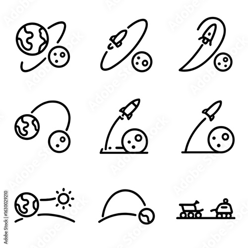 Lunar Mission Trajectories Icons. Outline icon set of lunar mission trajectories: Earth to Moon arc, translunar injection, lunar