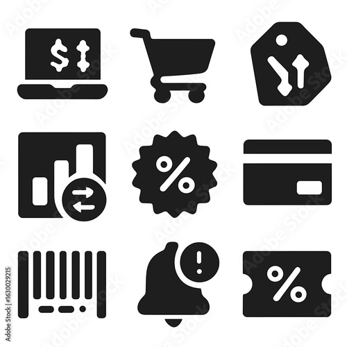 E-commerce Icon Grid. Solid, filled icons set of e-commerce price comparison: laptop, shopping cart, price tag
