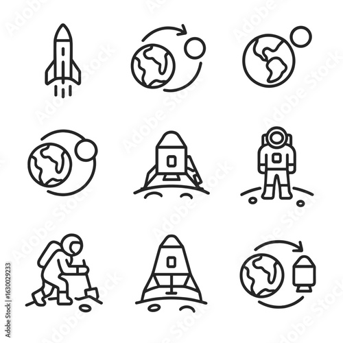 Lunar Mission Icons. Outline icon set of lunar mission stages: rocket launch, Earth orbit, trans-lunar injection, lunar orbit,