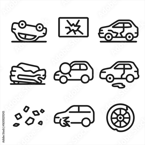 Vehicle Crash Icons. Outline icon set of vehicle crash aftermath: flipped car, broken windshield, twisted frame, crushed bumper,