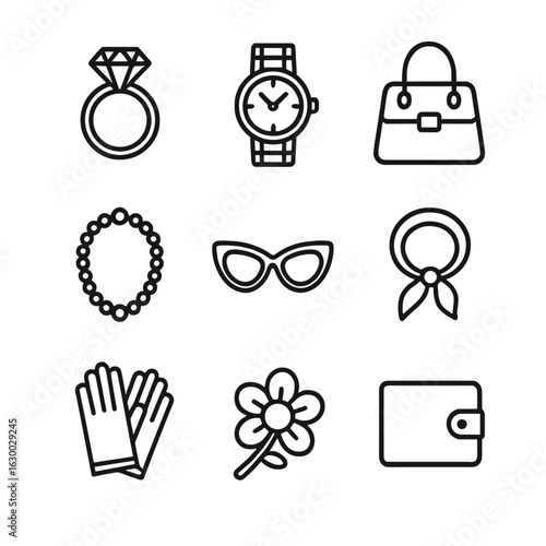 Luxury Accessory Icons. Outline icon set of luxury accessories: diamond ring, gold watch, designer bag, pearl necklace, luxury