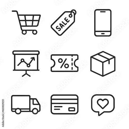 E-commerce Icon Grid. Outline icon set of e-commerce marketing: shopping cart, sale tag, mobile phone,