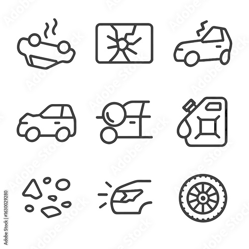 Vehicle Crash Icons. Outline icon set of vehicle crash aftermath: flipped car, broken windshield, twisted frame, crushed bumper,