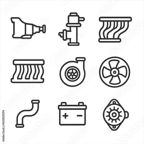 Vehicle Engine Icon Set. Outline icon set of vehicle engine systems: transmission, fuel pump, exhaust manifold, intake manifold,