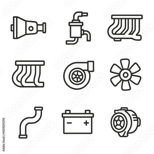 Vehicle Engine Icon Set. Outline icon set of vehicle engine systems: transmission, fuel pump, exhaust manifold, intake manifold,
