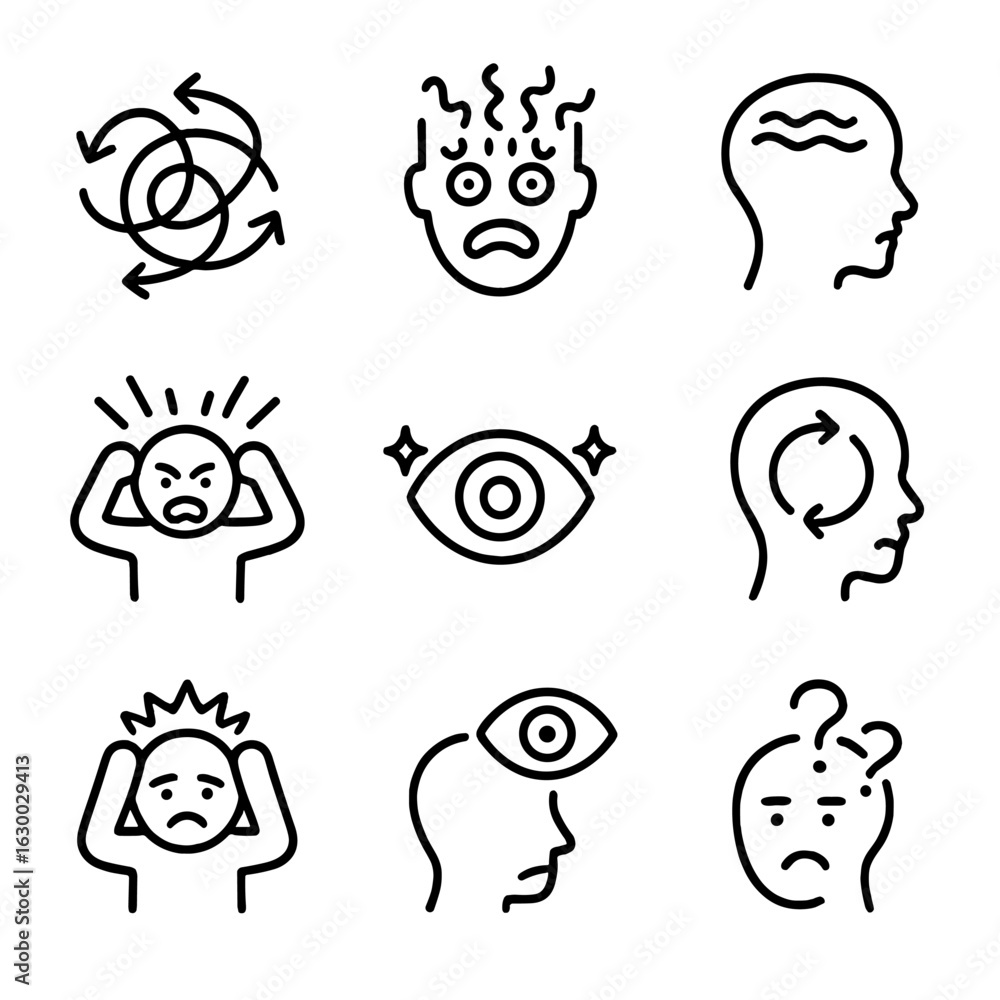 Fototapeta premium Madness Concept Icons. Outline icon set of madness concepts: chaos, insanity, delirium, frenzy, hallucination, obsession,