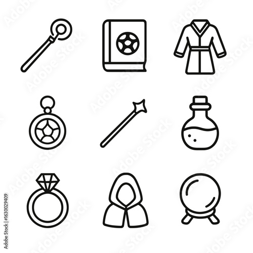 Mage Equipment Icons. Outline icon set of mage equipment: magic staff, spell book, robe, mystical amulet, wand, potion vial,