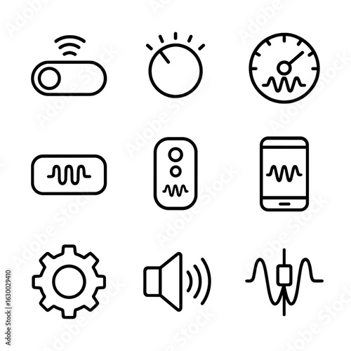 Vibration Control Icons. Outline icon set of vibration controls: on/off switch, vibration intensity knob, frequency dial,