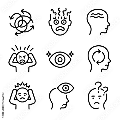 Madness Concept Icons. Outline icon set of madness concepts: chaos, insanity, delirium, frenzy, hallucination, obsession,