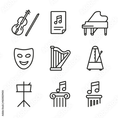 Classical Music Icon Set. Outline icon set of classical music themes: violin, sheet music, grand piano, conductor baton, opera