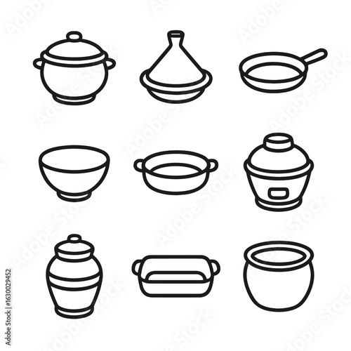 Clay Cookware Icons. Outline icon set of clay cookware: clay pot, tagine, stoneware skillet, earthenware bowl, terracotta pan,