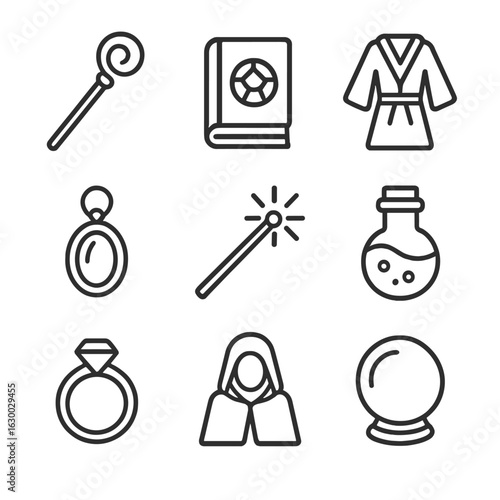 Mage Equipment Icons. Outline icon set of mage equipment: magic staff, spell book, robe, mystical amulet, wand, potion vial,