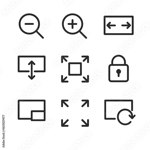 Video Controls Icon Set. Outline icon set of video playback zoom and fit controls: zoom out, zoom in, fit to width, fit to height,