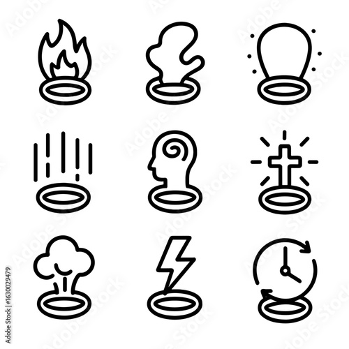 Magic Effect Icons. Outline icon set of ring magic effects: fire burst, shadow veil, energy shield, teleportation, mind control,