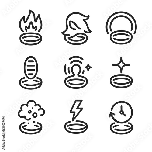 Magic Effect Icons. Outline icon set of ring magic effects: fire burst, shadow veil, energy shield, teleportation, mind control,