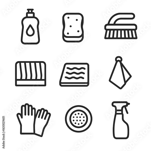 Cleaning Tools Icons. Outline icon set of cleaning tools: dish soap, sponge, scrub brush, dish rack, drying mat, kitchen towel,