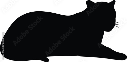Vector art of silhouette of a sleek black cat lying down gracefully against a plain backdrop creating a simple yet striking visual