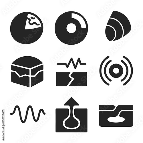 Earth Structure Icons. Solid, filled icons set of earth layers and structure: crust, mantle, outer core, inner