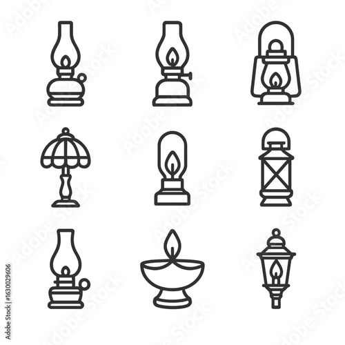 Vintage and Cultural Lamps. Outline icon set of vintage lamps: oil lamp, kerosene lamp, gas lamp, candle holder lamp, Tiffany lamp