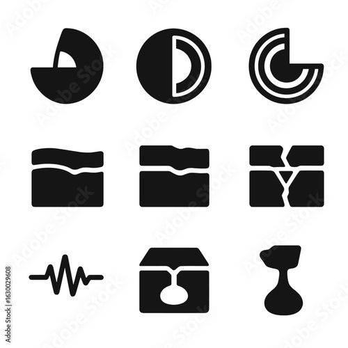 Earth Structure Icons. Solid, filled icons set of earth layers and structure: crust, mantle, outer core, inner
