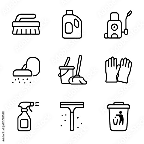 Cleaning Tools Icons. Outline icon set of residue removal and cleanup: scrub brush, detergent, pressure washer, vacuum suction,