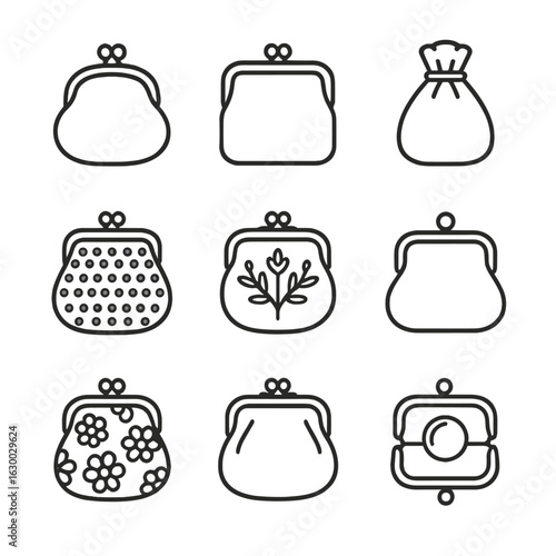 Vintage Coin Purse Icons. Outline icon set of vintage coin purses: kiss lock, metal frame, leather pouch, beaded design,