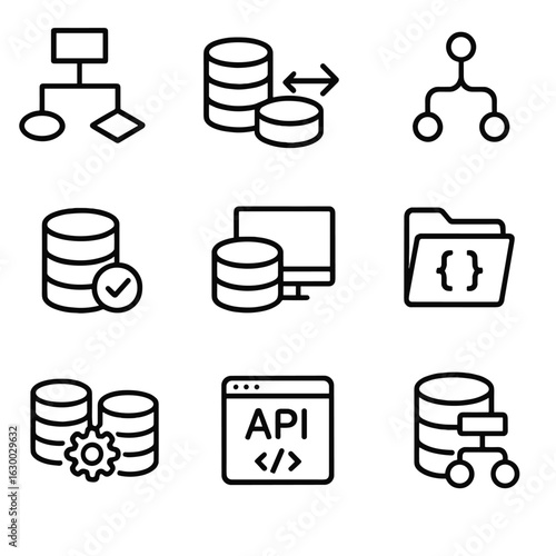 Database Design Icons. Outline icon set of database design and development: ER diagram, schema migration, version control, test