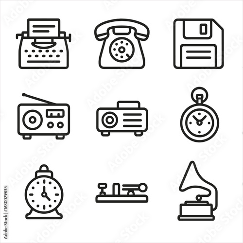 Vintage Tech Icons. Outline icon set of past technology: typewriter, rotary phone, floppy disk, analog radio, slide projector,