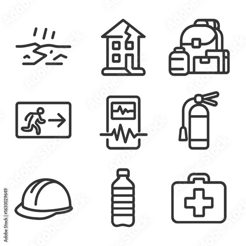 Earthquake Preparedness Icons. Outline icon set of earthquake preparedness: shaking ground, structural damage,