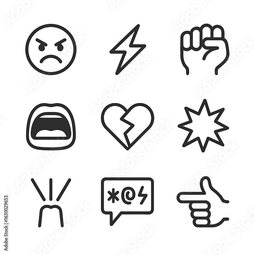 Violent Emotions Icons. Outline icon set of violent emotions: angry face, rage symbol, clenched fist, shouting mouth, broken heart