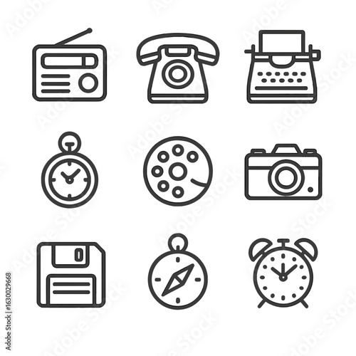 Vintage Technology Icons. Outline icon set of early technology: vintage radio, old telephone, typewriter, pocket watch, rotary