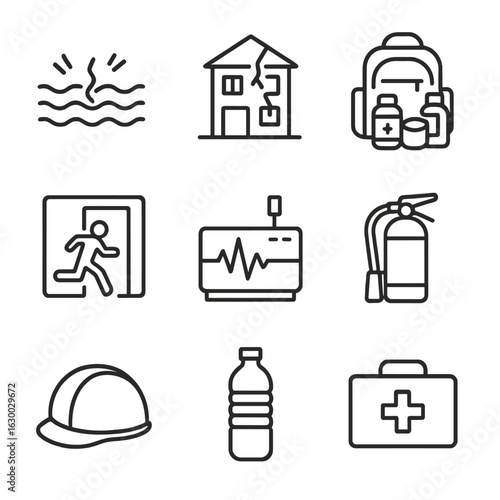 Earthquake Preparedness Icons. Outline icon set of earthquake preparedness: shaking ground, structural damage,