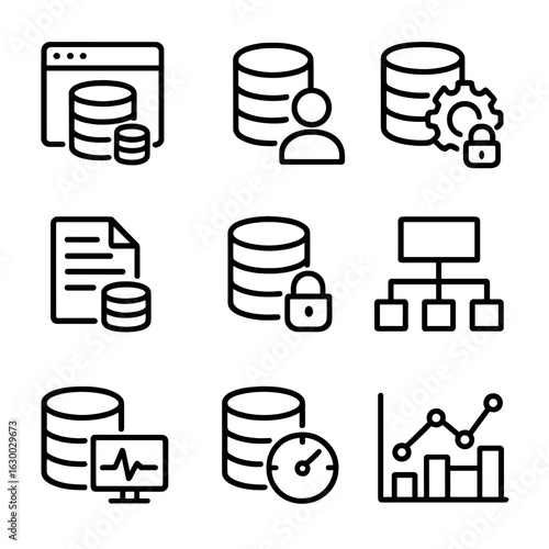 Database Management Icons. Outline icon set of database management: admin panel, user roles, permission settings, audit log, data